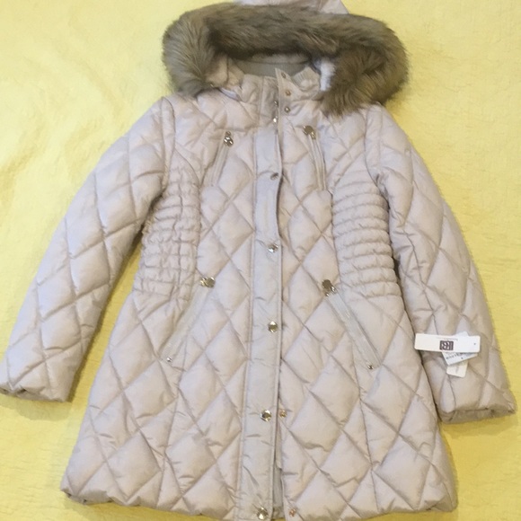New! Laundry By Design Cream/Gold Quilted Puffer Coat Fur Trim Hood Large - Picture 3 of 13